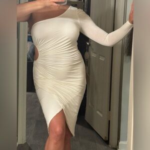 BEBE Kardashians white one-shoulder dress
